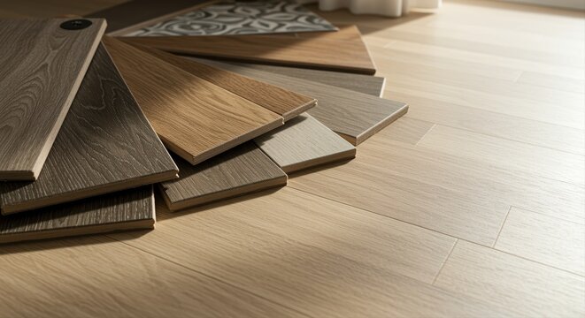 variety of hardwood flooring samples displayed in natural sunlight on wooden floor