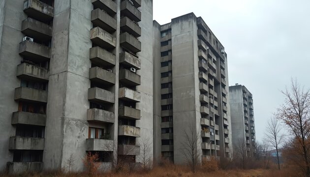 Concrete brutalist highrise apartment blocks with balconies stand against an overcast sky. Overgrown vegetation surrounds the old soviet era residential buildings.