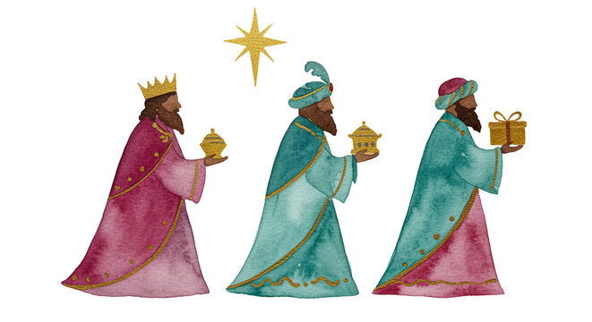 three wise men carrying gifts follow star on dark background, biblical journey illustration