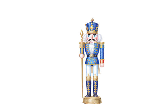 traditional wooden nutcracker figurine in blue and gold uniform against black background