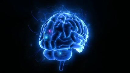 Appearing holographic 3D brain model rotating in dark void, with network lines and nodes flickering - Powered by Adobe