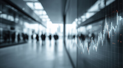 Business people in an office environment with stock market data visualization on display