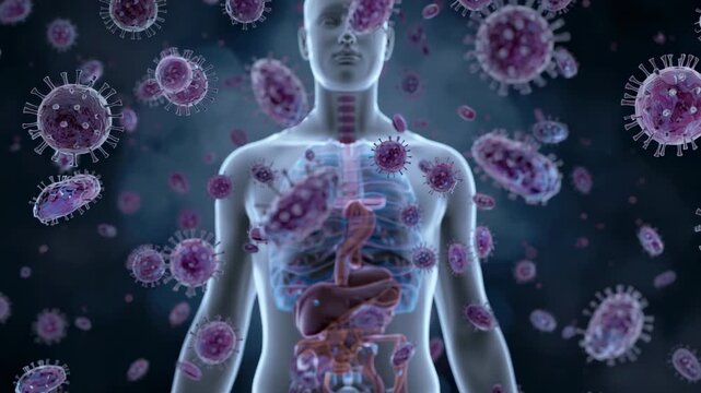 Entering frame viral particles drifting around torso revealing organs in cell, signaling infection