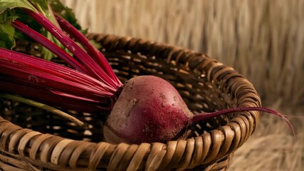 Opening shot capturing red beetroot resting in wicker basket in barn on straw, highlighting harvest - Powered by Adobe