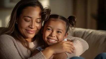 Opening with mother wearing beige sweater wrapping arms around daughter on home couch, sharing bond - Powered by Adobe