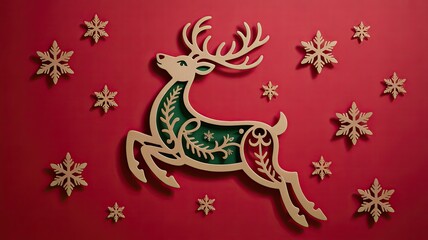 festive holiday illustration of a decorative reindeer with snowflakes on a red background