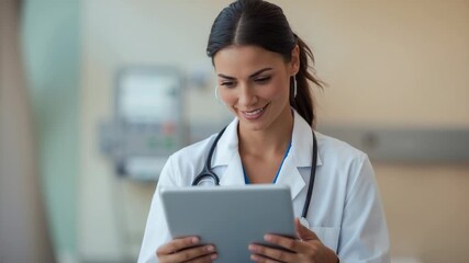 Entering frame, female doctor holding tablet scrolling patient data in clinic with stethoscope - Powered by Adobe