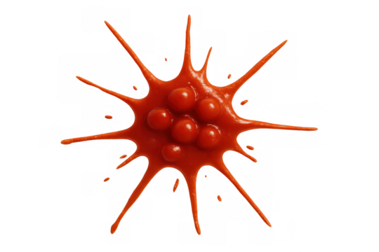 The tomato sauce burst, forming a chaotic abstract splatter with tiny droplets against a clear backdrop