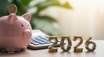 piggy bank and calculator with 2024 made of coins on wooden table in bright room, financial planning