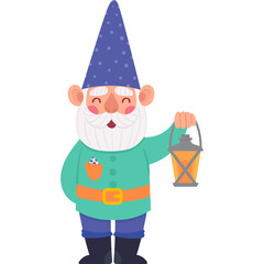 A Cheerful Cartoon Gnome Character Holding a Lantern with a Blue Polka Dot Hat and Green Tunic Outfit on a Transparent Background