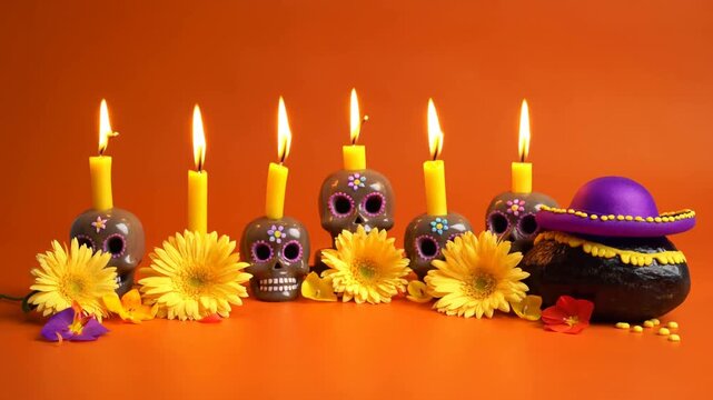 Craneo pintado para el dia de los muertos sobre un fondo naranja lleno de flores 3D