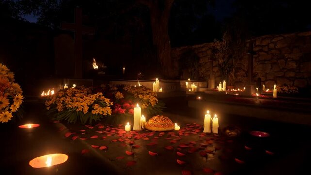 Cementerio mexicano durante la noche del D&iacute;a de los Muertos, iluminado por decenas de velas que crean una luz c&aacute;lida y espiritual entre las tumbas decoradas con flores de cempas&uacute;chil (cal&eacute;ndula). 