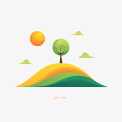 Fototapeta premium Green tree on a colorful hill with the sun.