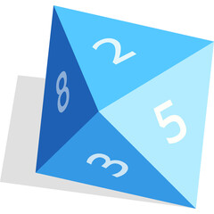 A blue 20-sided die with white numbers showing facing up with a slight shadow beneath it on a...