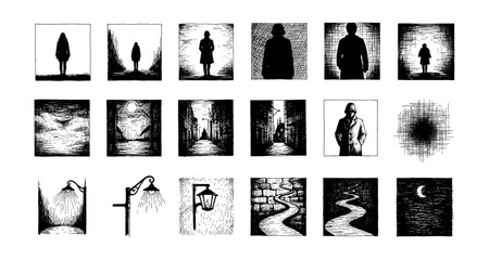 Mysterious silhouette figures and street scenes in black and white