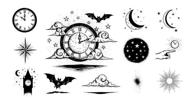 Vintage clock and celestial elements with hand drawn bats and stars