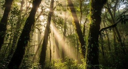 Naklejka premium Sunlight through dense forest trees canopy
