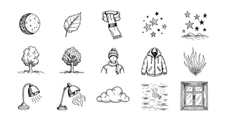 Fototapeta premium Hand-drawn winter and nature icons with cozy elements and celestial themes