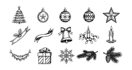 Fototapeta premium Hand drawn christmas elements collection with ornaments and festive icons