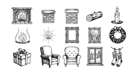 Hand-drawn fireplace elements and cozy winter decor icons set
