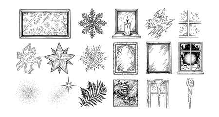 Hand drawn winter elements collection featuring windows, snowflakes, and candle designs