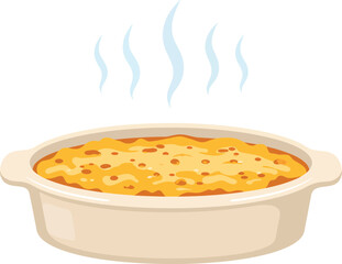A steaming casserole dish filled with a golden-brown baked dish, emitting wisps of steam.
