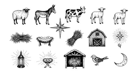 Hand-drawn nativity elements and farm animals in vintage style