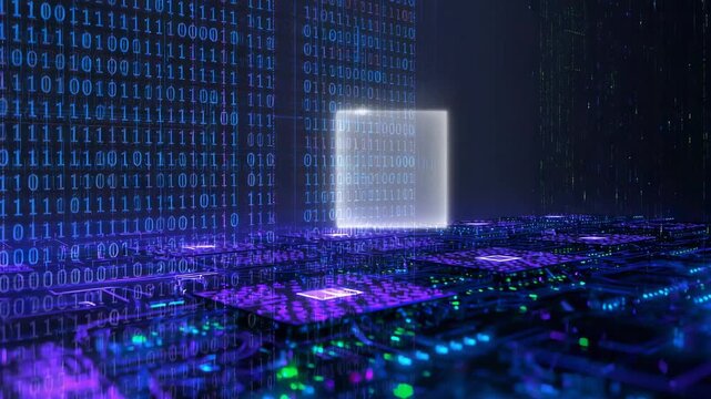 On 4th second cube appearing on circuit grid, morphing into portal opening binary flow, copy space