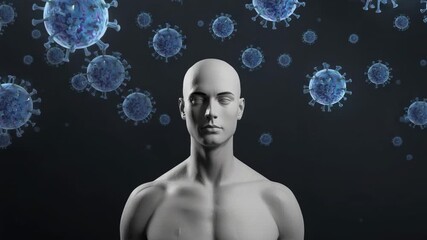 Spawning blue virus particles drifting around 3D torso model on dark background after scene start - Powered by Adobe