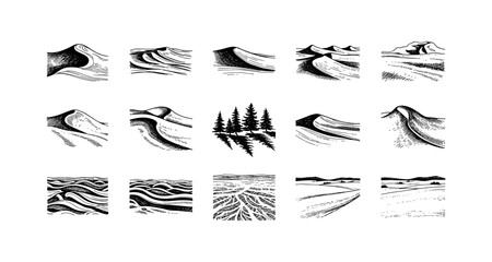 Hand-drawn mountain and tree landscape illustrations in black and white