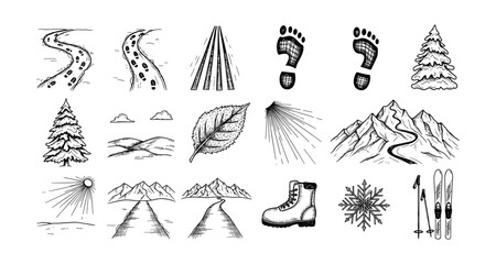 Fototapeta premium Hand-drawn winter elements with mountains, trees, and paths for outdoor adventures