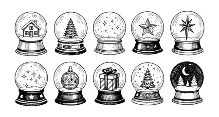 Set of hand drawn winter snow globes with festive holiday designs