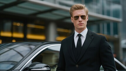 Professional bodyguard standing alert beside a luxury vehicle outside a corporate skyscraper, showing vigilance and composure, symbolizing elite protection services, private security expertise, and
