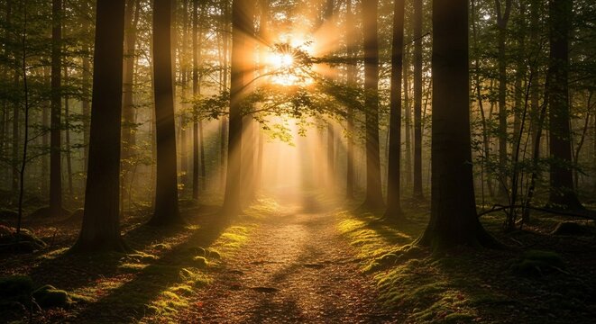 Sunlight through tall trees in misty forest landscape