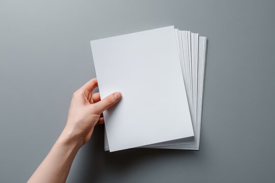 A hand holding a blank white paper from a pile of identical sheets against a neutral gray backdrop