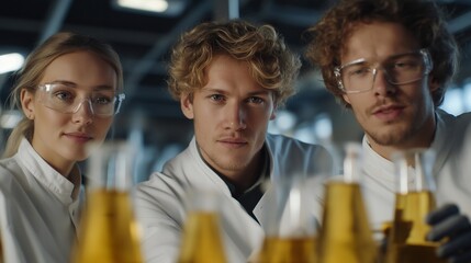 Team of scientists collaborating in industrial chemical lab with glowing liquids in reactors, emotion of teamwork and discovery visible, symbolizing chemical research, pharmaceutical development,