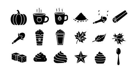 Autumn beverage icons: pumpkin, coffee, spice, seasonal leaves, and desserts in black silhouette style