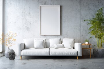 A modern, bright living space, showcasing a neutral-toned sofa, artwork, and greenery