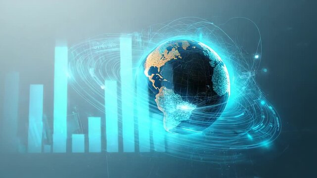 Materializing rings, lines, Earth globe rotating in interface with nodes, bar chart depicting data - Powered by Adobe