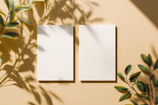 Two white rectangular cards with shadows of leafy sprigs on a beige surface