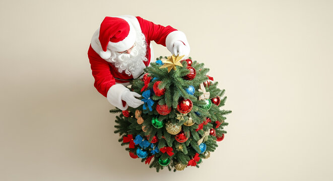 Top-down view of Santa Claus decorating a Christmas tree with colorful ornaments