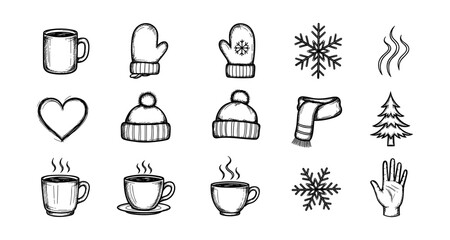 Hand drawn winter icons featuring hot beverages, apparel, and seasonal symbols