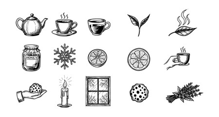 Charming hand drawn tea and cozy winter elements collection for warm ambiance