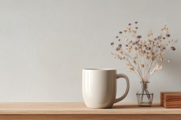 Beige mug beside dried flowers in a glass vase on a wooden shelf with a wood block