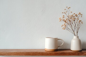 Minimalist still life a mug, small vase with dried flowers, on a wooden shelf against a white wall