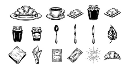 Vintage breakfast elements set with croissant and jam