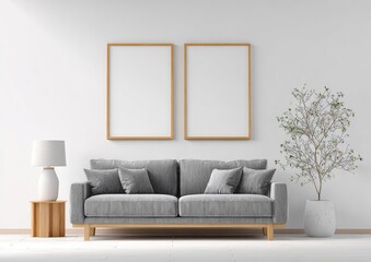 Interior design featuring a gray sofa, two framed blank prints, a lamp, and potted plant