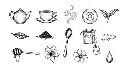 Hand drawn tea elements: teapot, leaves, cup, floral decor, and more