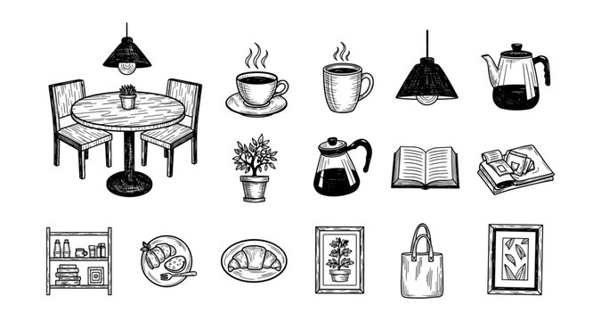 Hand drawn coffee shop elements with furniture, plants, and kitchenware in black and white