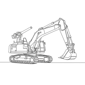 Heavy Excavator: An intricate line drawing captures a heavy-duty excavator, poised for construction. Detailed linework highlights its robust frame, bucket, and arm.